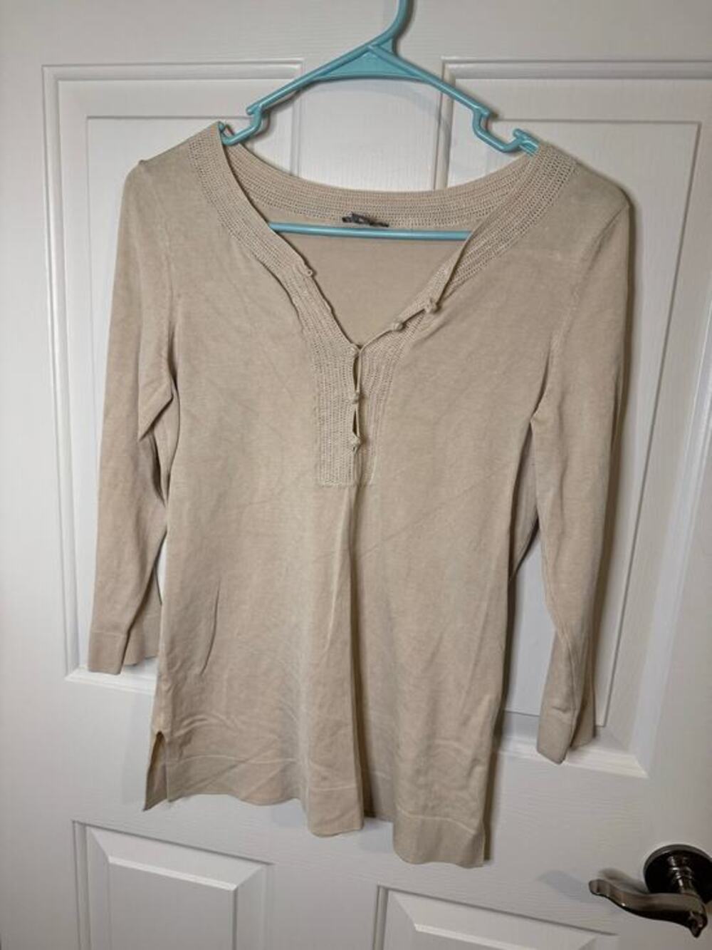 Ann Taylor Silk Beige Taupe Crochet Lace Henley Button Knit Top Small